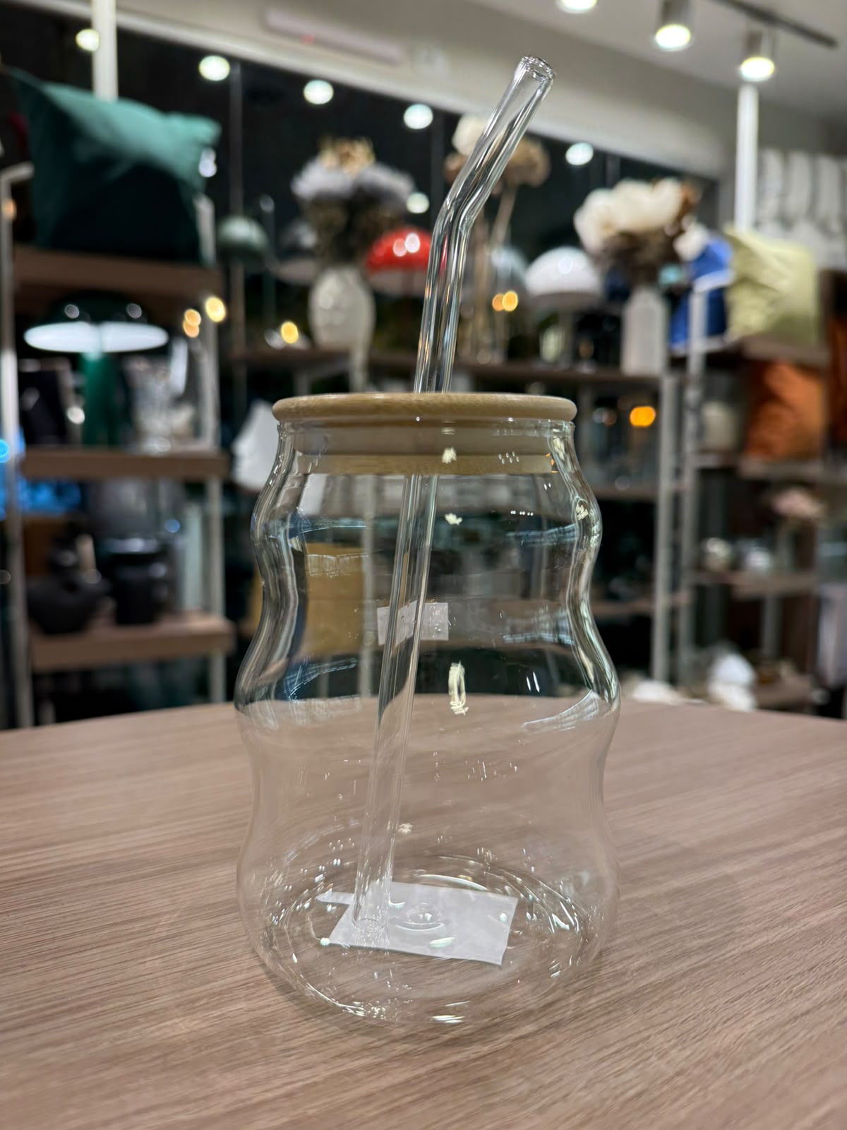 Vaso de Vidrio con Sorbete y Tapa de Bambú 500ml
